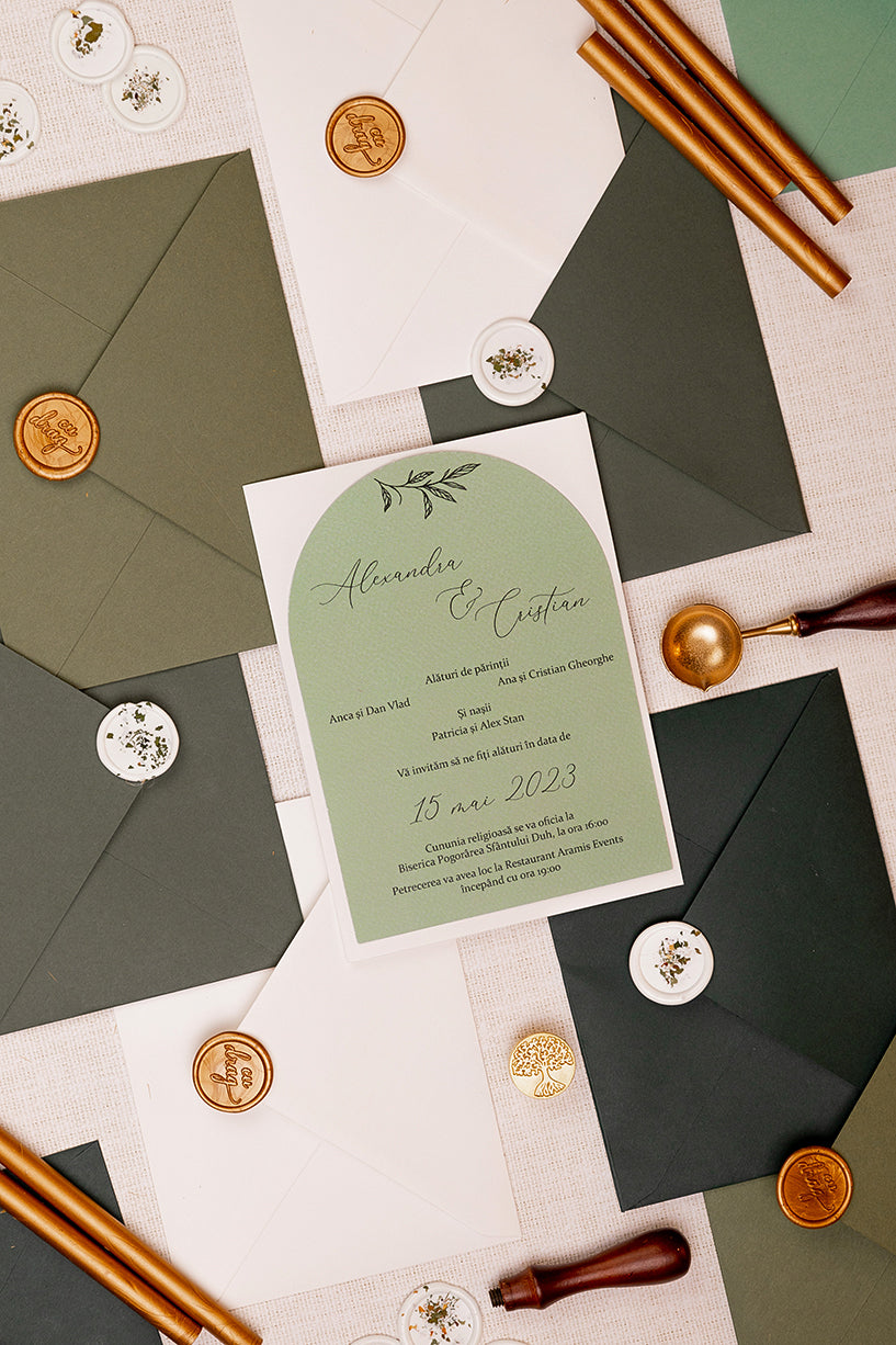 Invitații de nuntă – Arcuita Verde Olive Invitatii Love Story