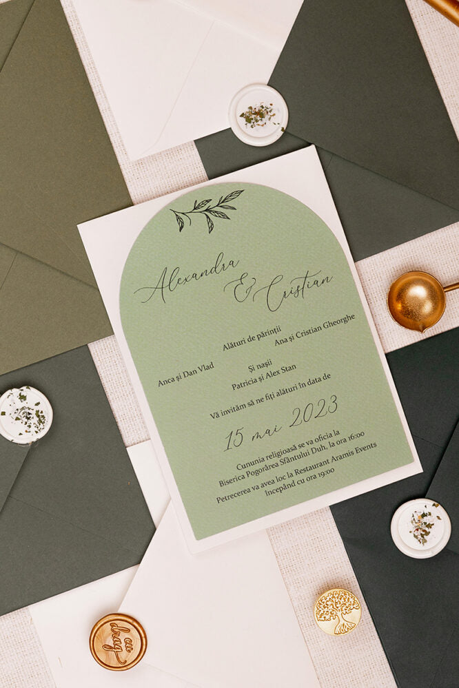 Invitații de nuntă – Arcuita Verde Olive Invitatii Love Story
