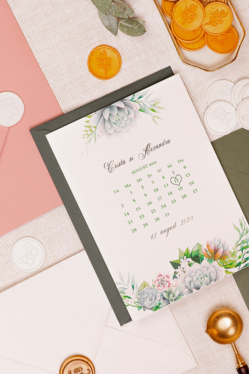 Invitații de nuntă – Calendar cu Suculente Invitatii Love Story