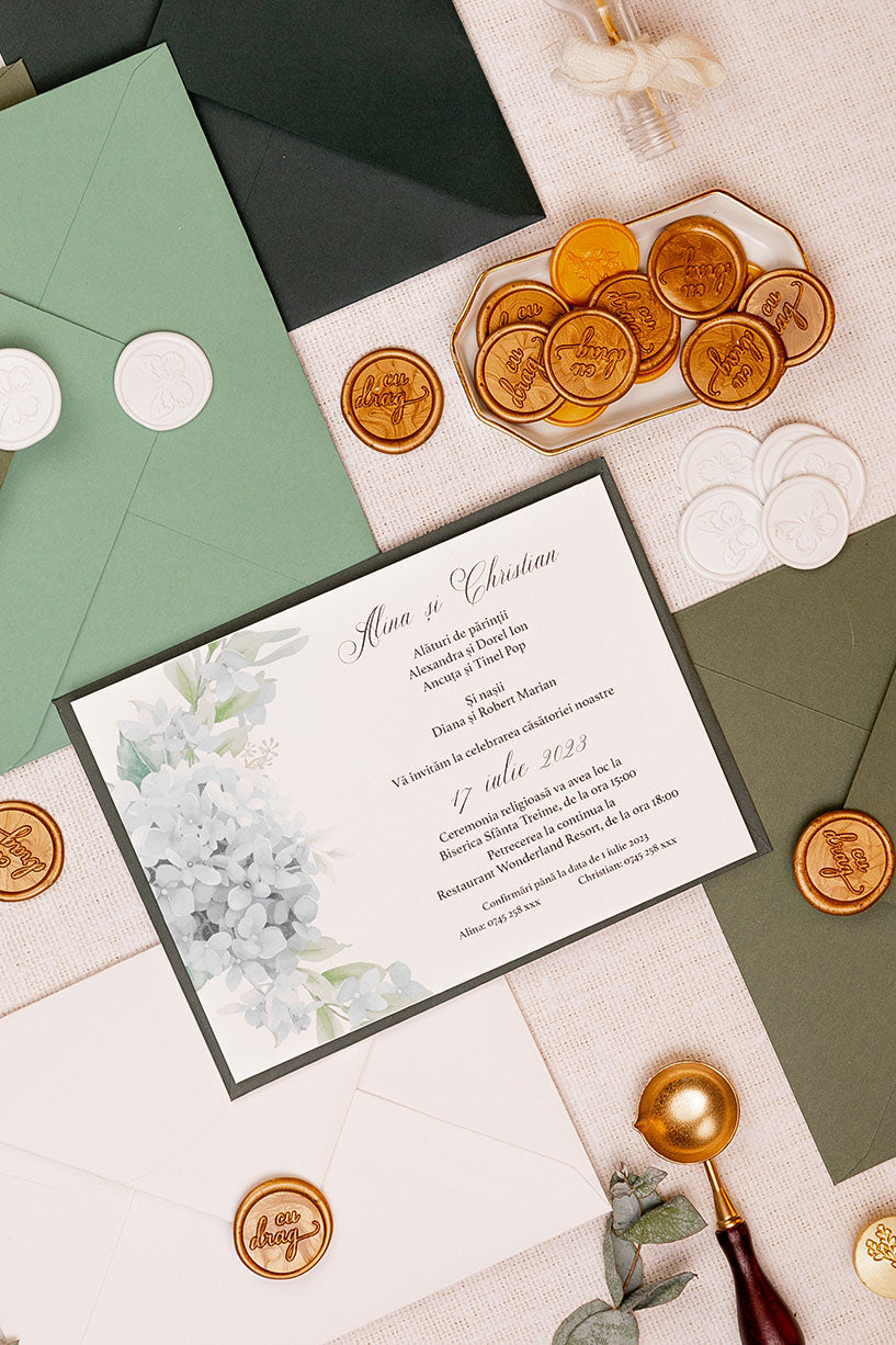Invitații de nuntă – Hortensii Invitatii Love Story
