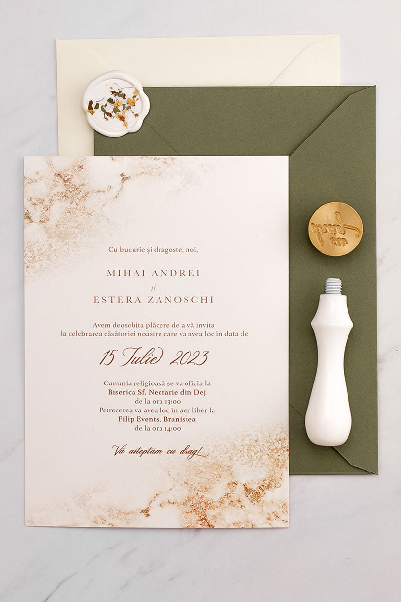 Invitații de nuntă – Dusty Gold Invitatii Love Story
