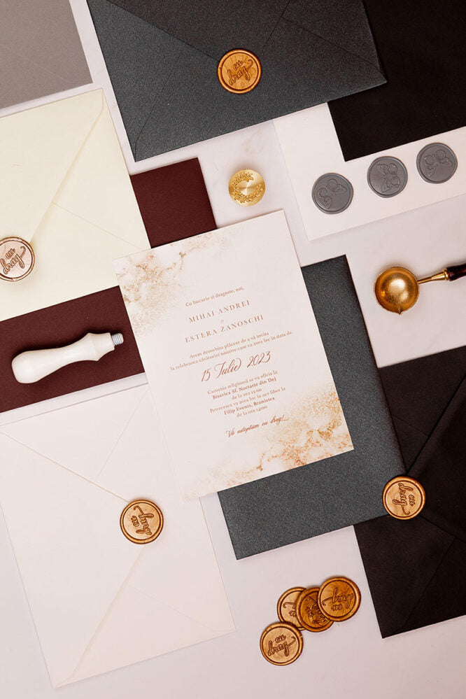 Invitații de nuntă – Dusty Gold Invitatii Love Story