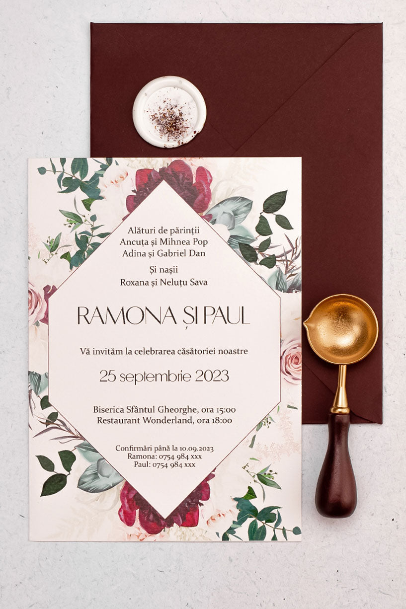 Invitații de nuntă – Flori Bordeaux Invitatii Love Story