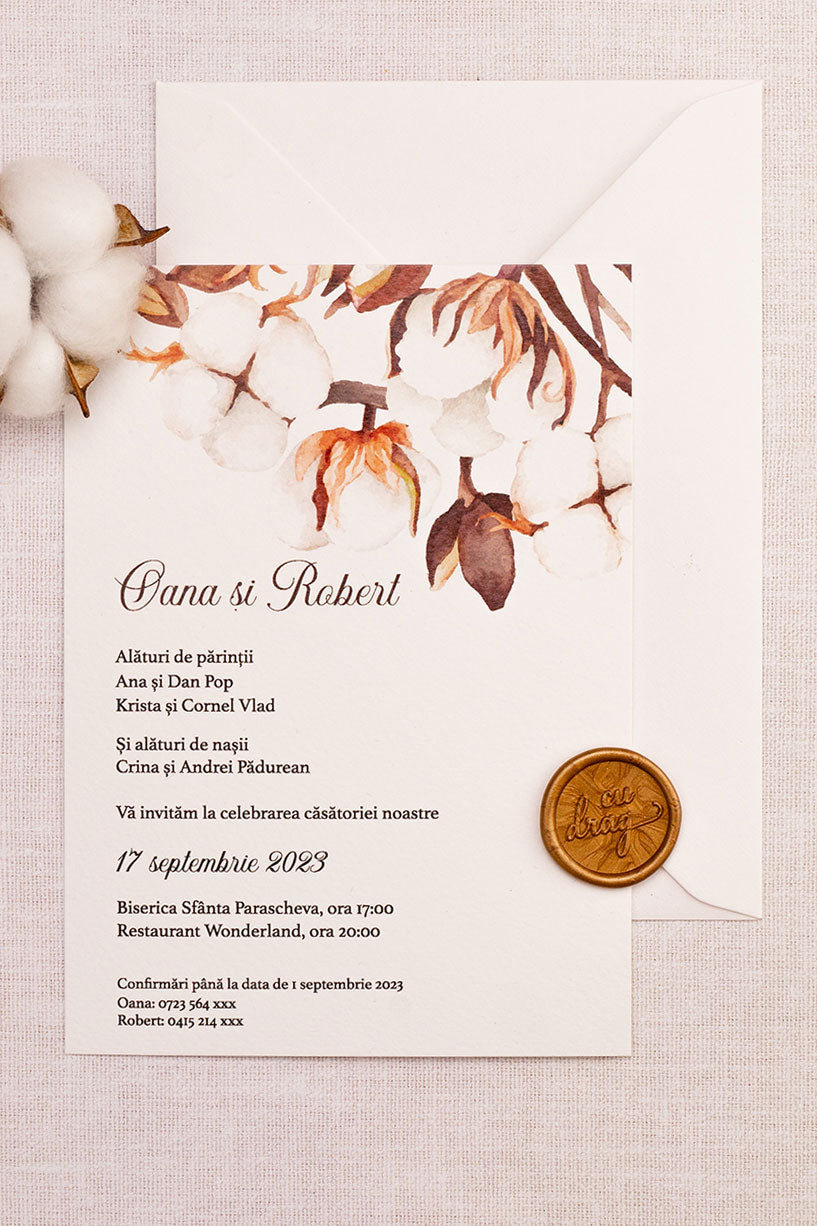 Invitații de nuntă – Flori Bumbac Invitatii Love Story