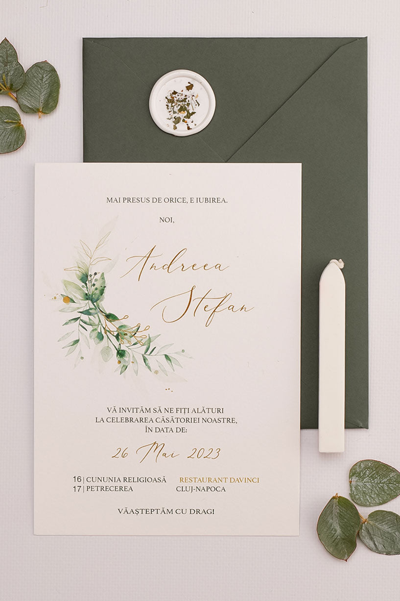 Invitații de nuntă – Frunze Aurii Invitatii Love Story