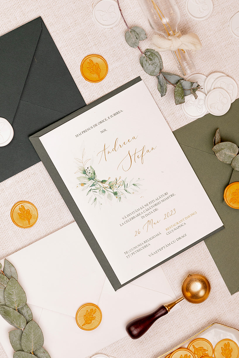 Invitații de nuntă – Frunze Aurii Invitatii Love Story