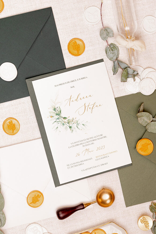 Invitații de nuntă – Frunze Aurii Invitatii Love Story