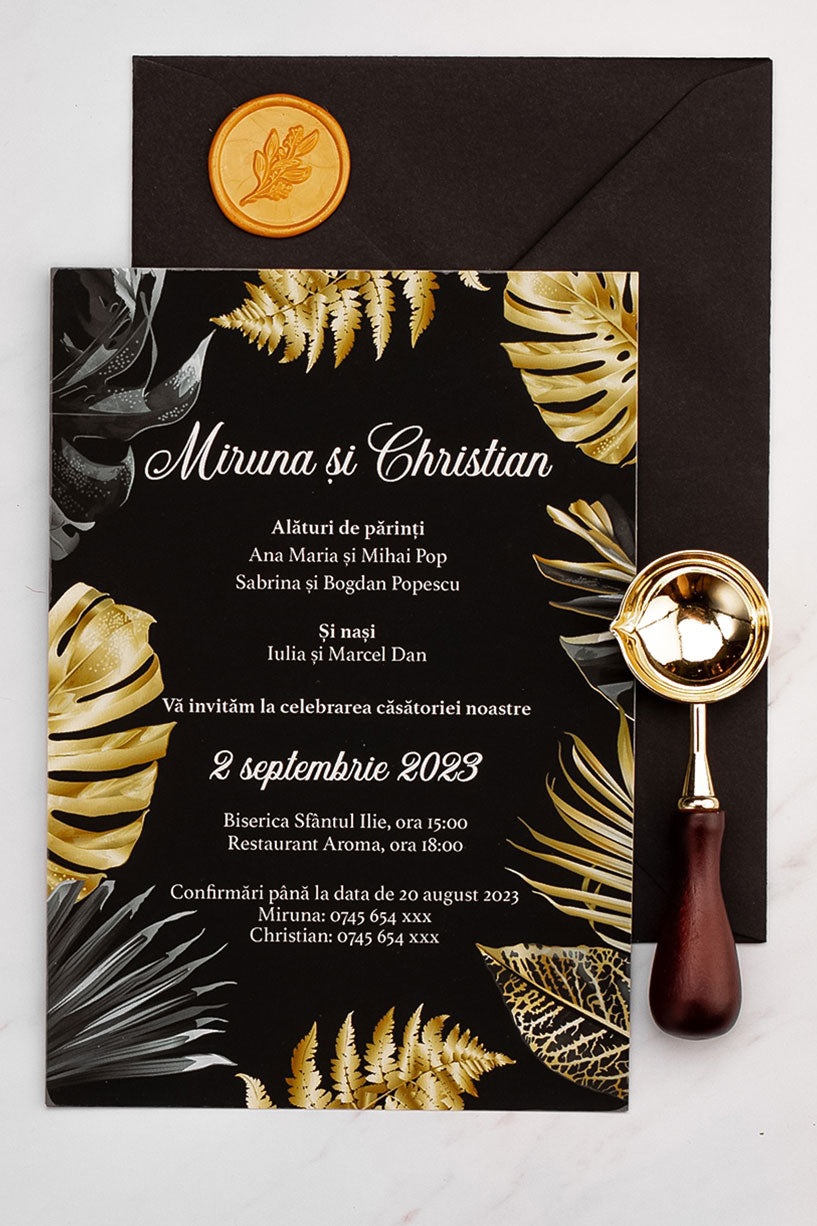 Invitații de nuntă – Frunze Dark Gold Invitatii Love Story
