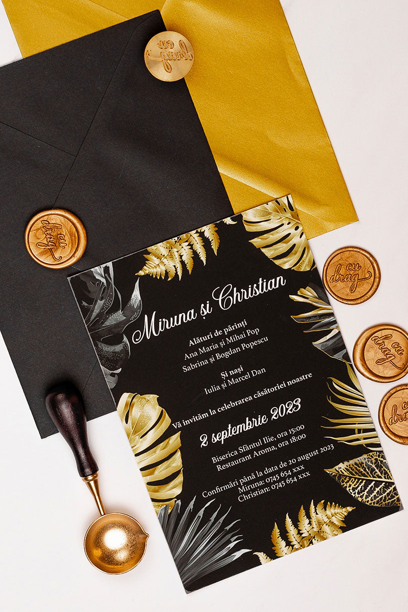 Invitații de nuntă – Frunze Dark Gold Invitatii Love Story