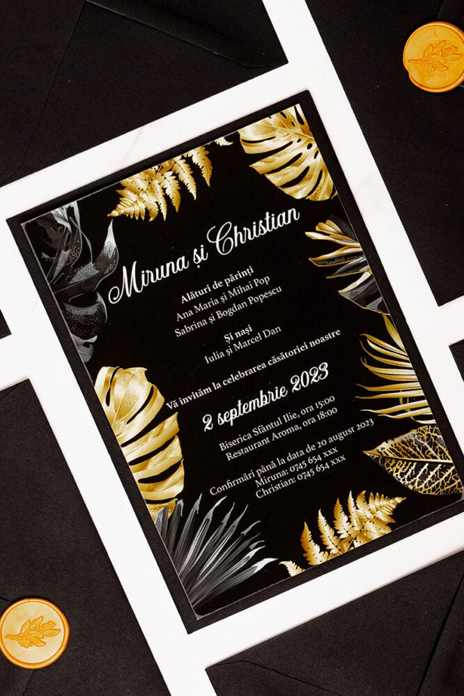 Invitații de nuntă – Frunze Dark Gold Invitatii Love Story