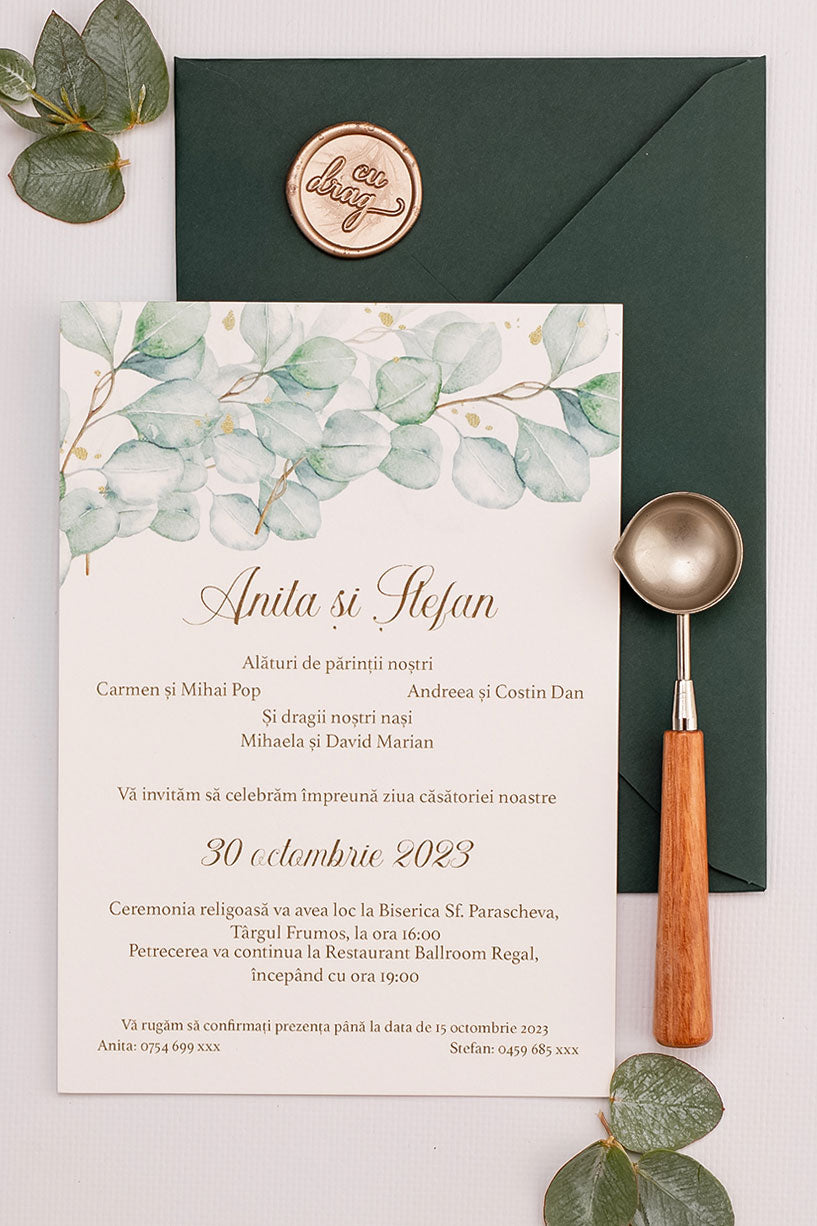 Invitații de nuntă – Frunze Eucalipt Auriu Invitatii Love Story