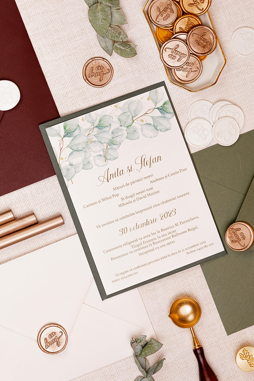 Invitații de nuntă – Frunze Eucalipt Auriu Invitatii Love Story