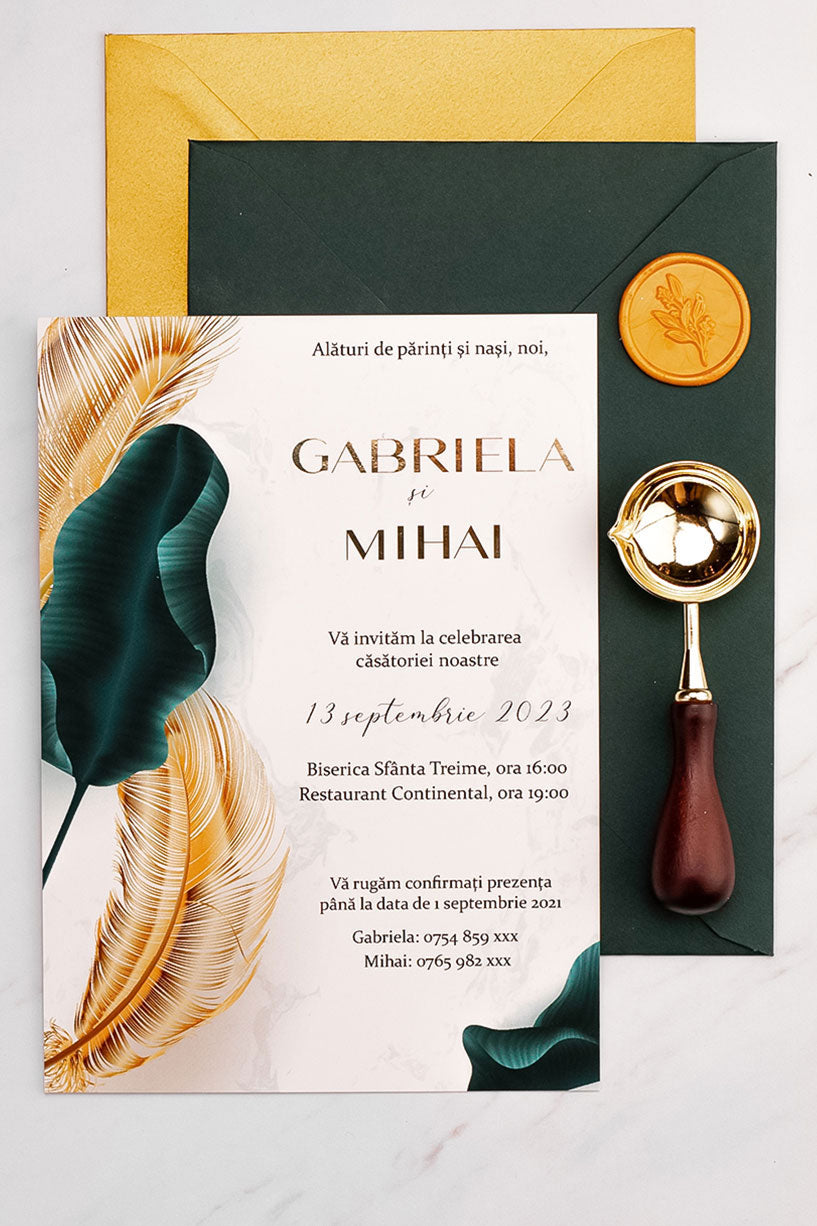 Invitații de nuntă – Frunze Luxury Gold Invitatii Love Story