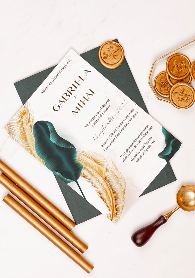 Invitații de nuntă – Frunze Luxury Gold Invitatii Love Story