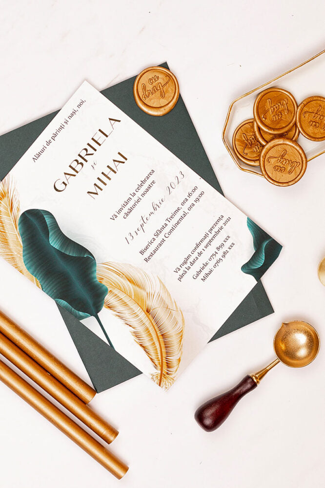 Invitații de nuntă – Frunze Luxury Gold Invitatii Love Story