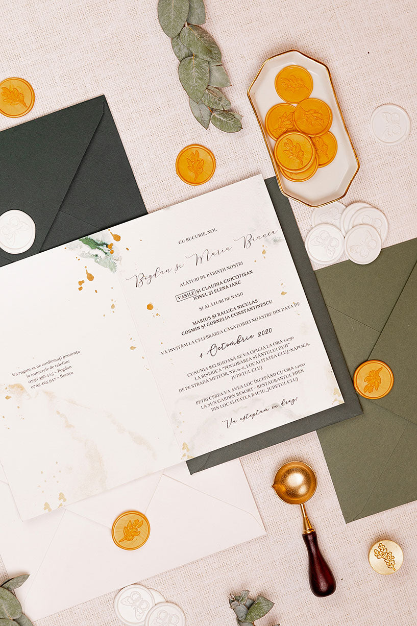 Invitații de nuntă – Frunze Verzi Watercolor Invitatii Love Story
