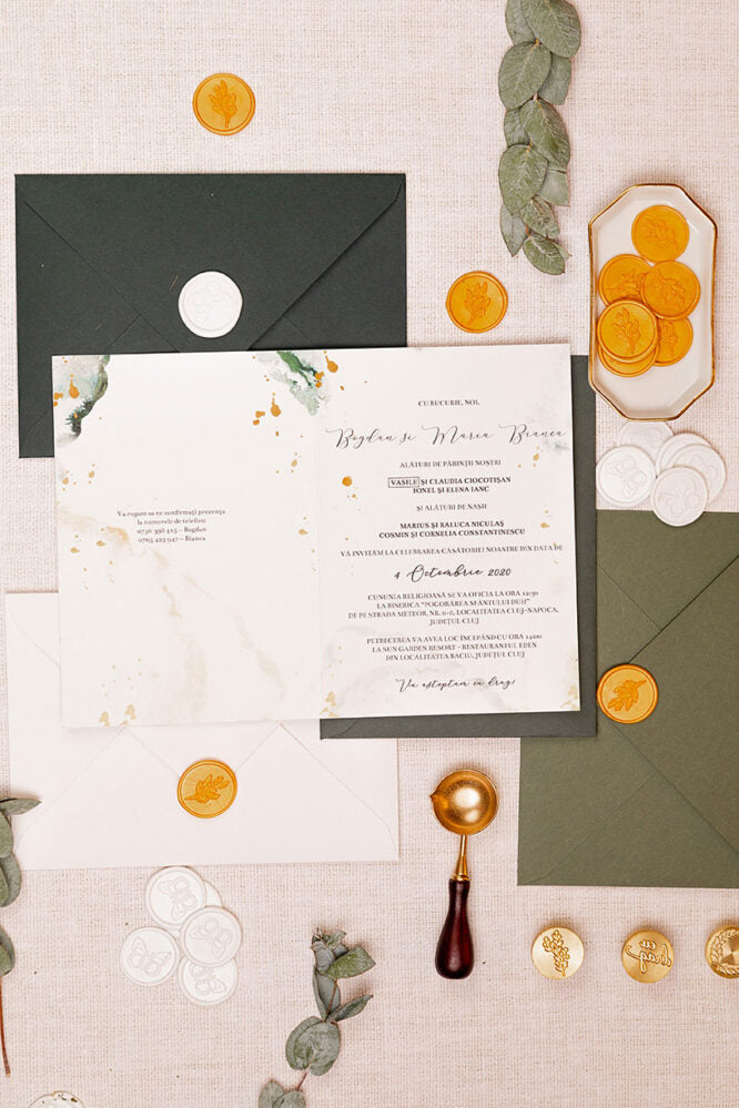 Invitații de nuntă – Frunze Verzi Watercolor Invitatii Love Story