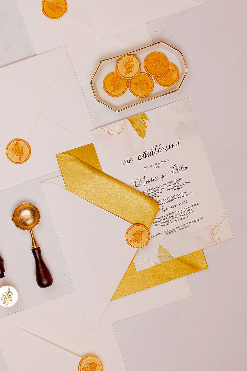 Invitații de nuntă – Gold Watercolor Invitatii Love Story