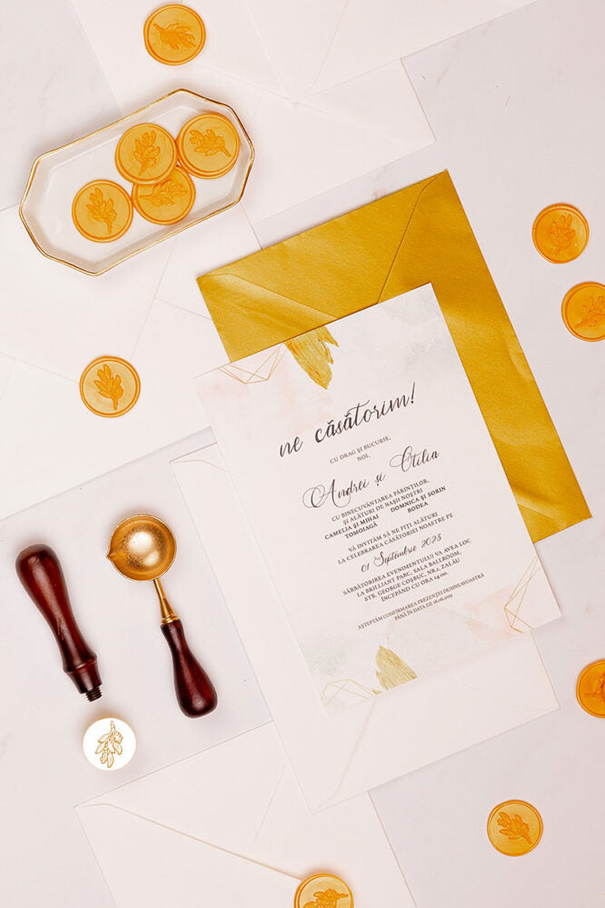 Invitații de nuntă – Gold Watercolor Invitatii Love Story