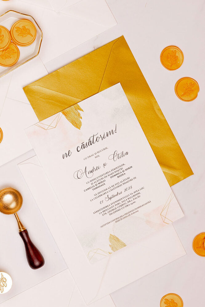 Invitații de nuntă – Gold Watercolor Invitatii Love Story
