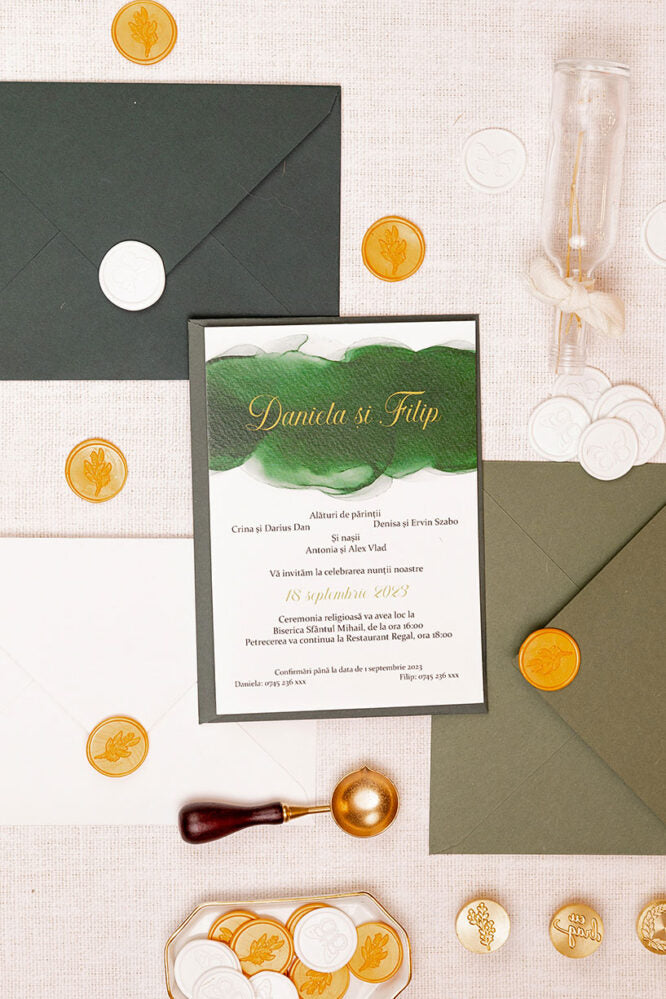 Invitații de nuntă – Green Watercolor Invitatii Love Story