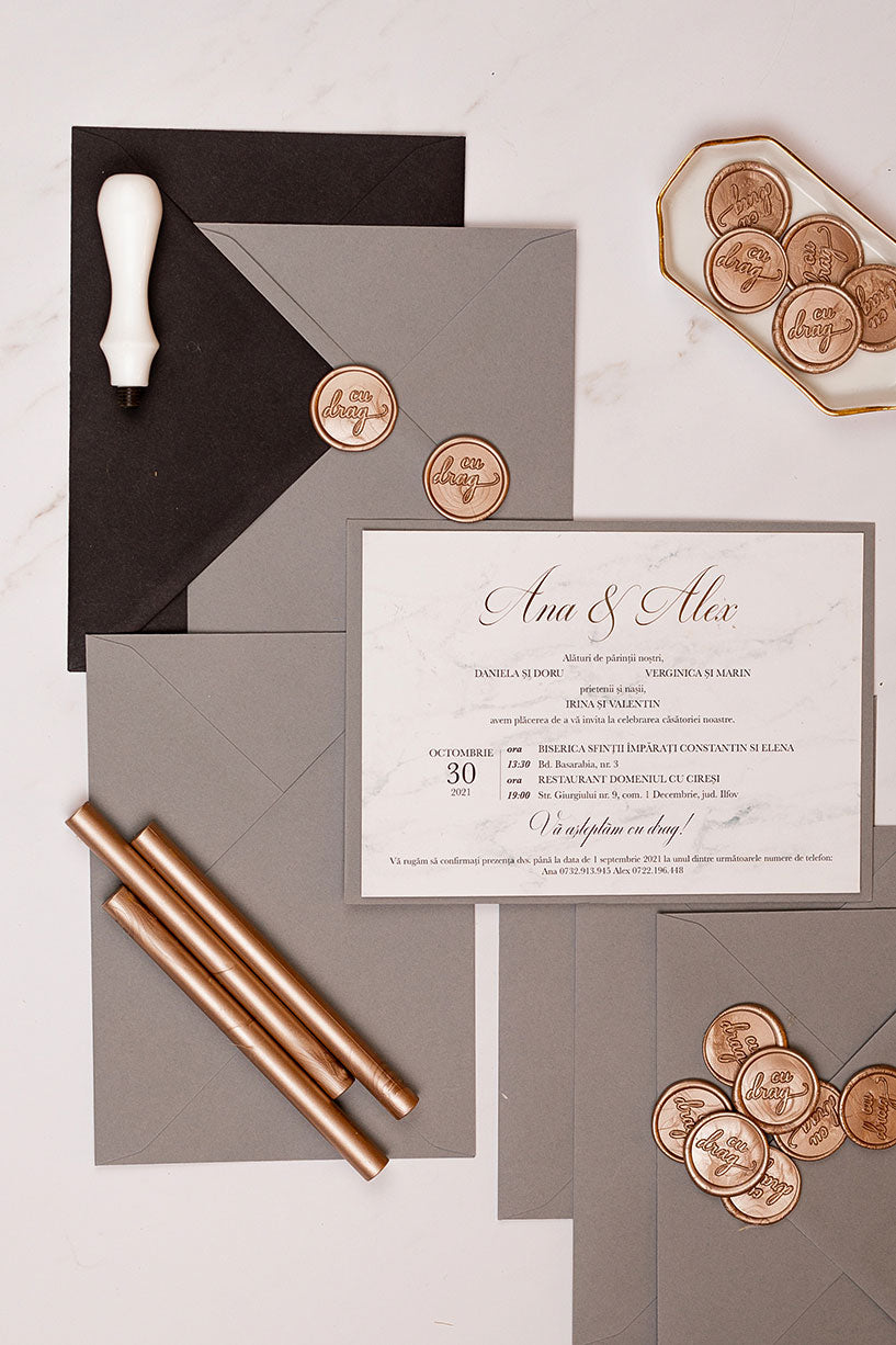 Invitații de nuntă – Marmură Gold Invitatii Love Story