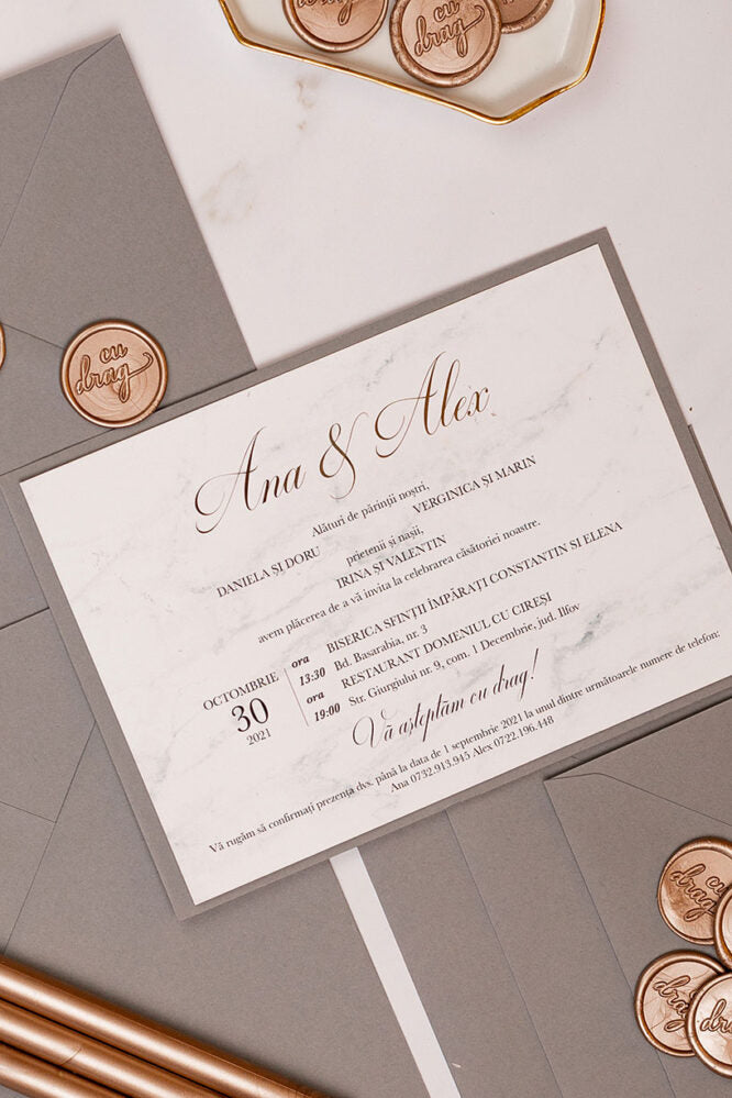 Invitații de nuntă – Marmură Gold Invitatii Love Story