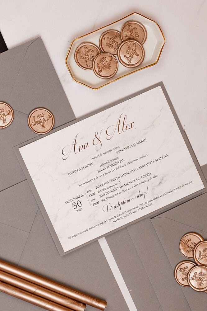 Invitații de nuntă – Marmură Gold Invitatii Love Story