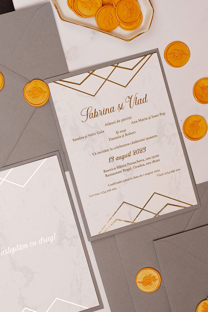 Invitații de nuntă – Marmură Gold Folio Invitatii Love Story