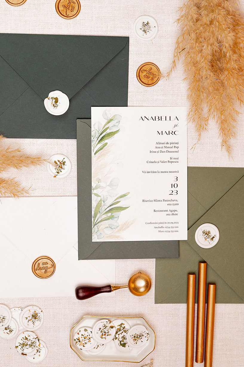 Invitații de nuntă – Pampas cu Frunze Invitatii Love Story