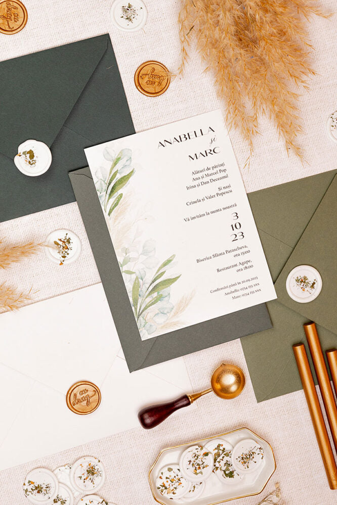 Invitații de nuntă – Pampas cu Frunze Invitatii Love Story