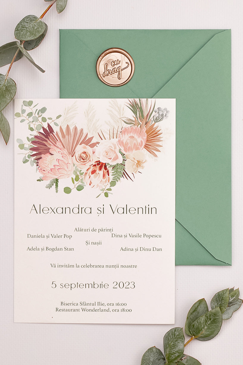 Invitații de nuntă – Flori Pampas Roz Invitatii Love Story