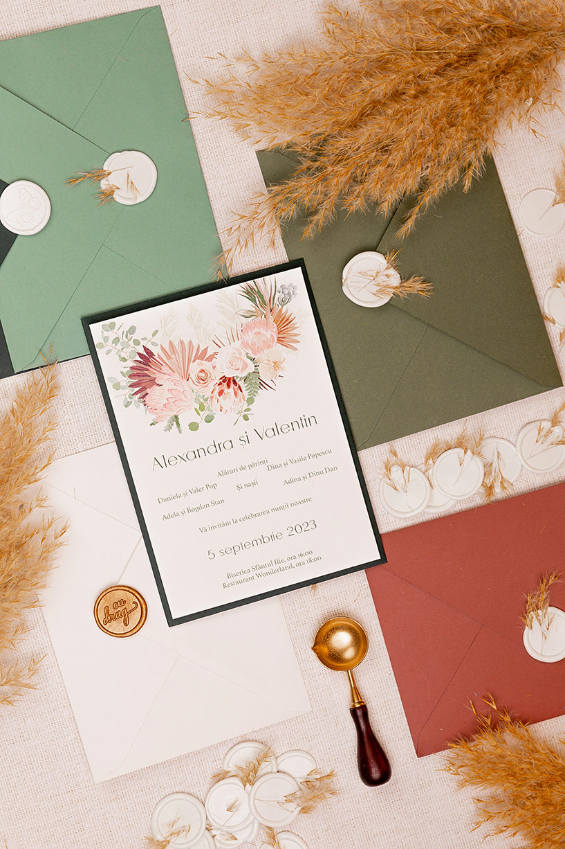 Invitații de nuntă – Flori Pampas Roz Invitatii Love Story