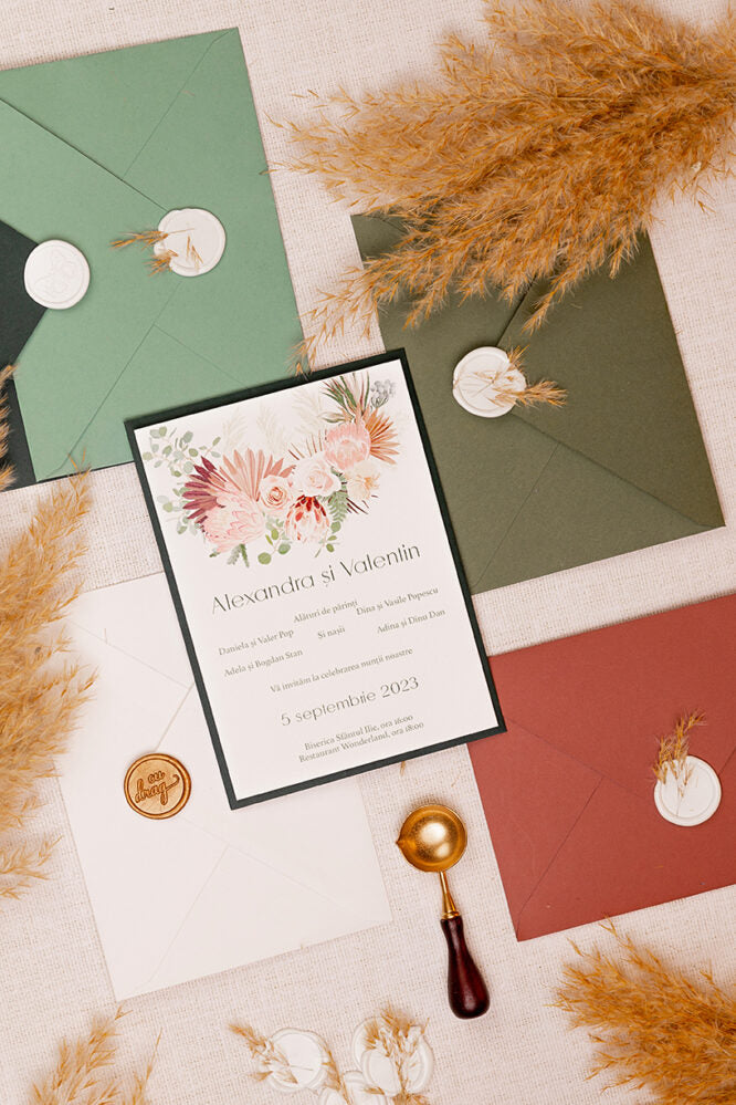 Invitații de nuntă – Flori Pampas Roz Invitatii Love Story