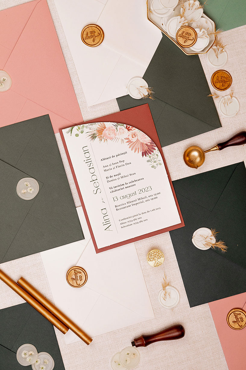 Invitații de nuntă – Pampas Roz Arcuit Invitatii Love Story