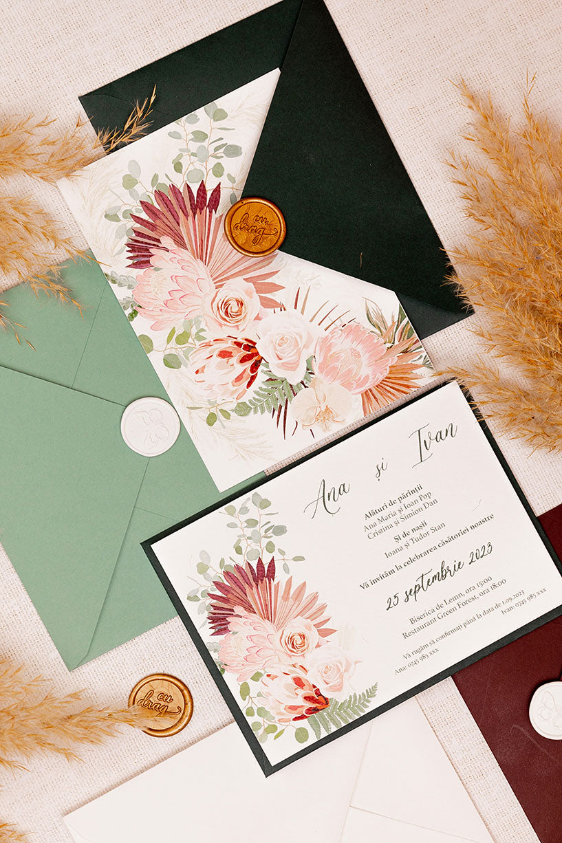 Invitații de nuntă – Pampas roz Orizontală Invitatii Love Story