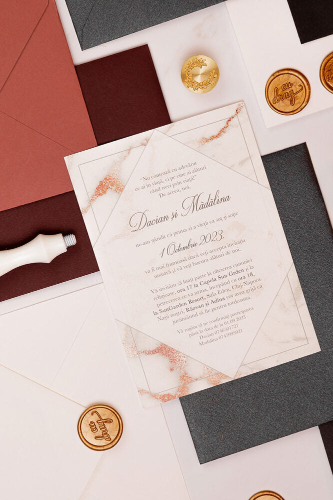 Invitații de nuntă – Rose Gold Invitatii Love Story