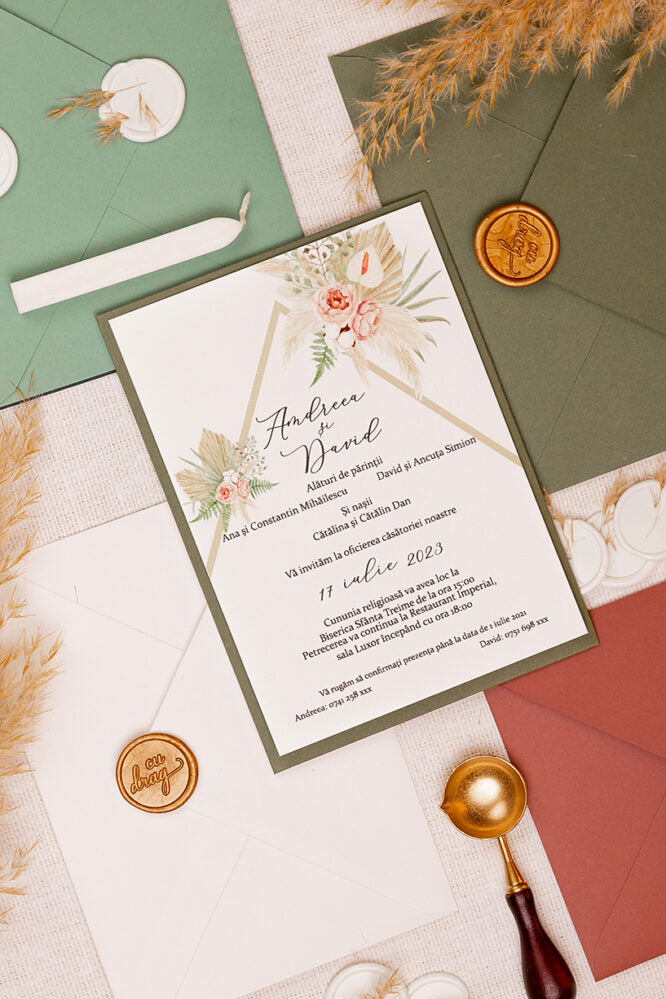 Invitații de nuntă – Rustica Flori Pampas Invitatii Love Story