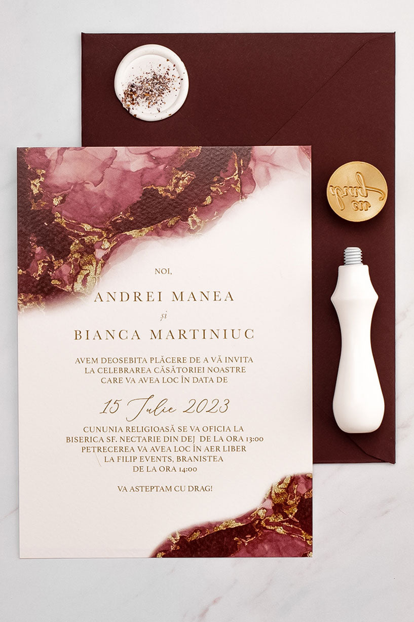 Invitații de nuntă – Watercolor Bordeaux Invitatii Love Story