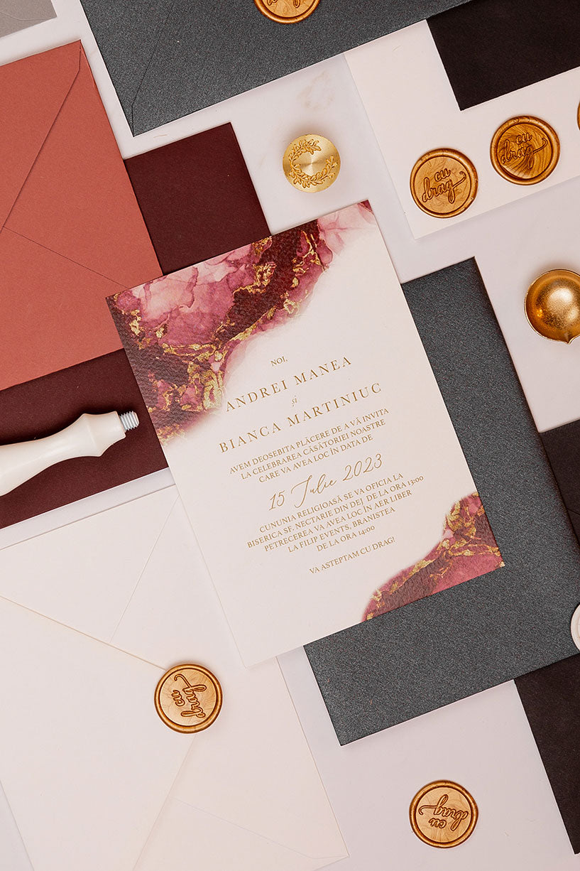 Invitații de nuntă – Watercolor Bordeaux Plic Negru