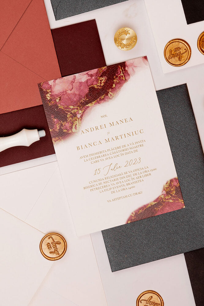 Invitații de nuntă – Watercolor Bordeaux Invitatii Love Story