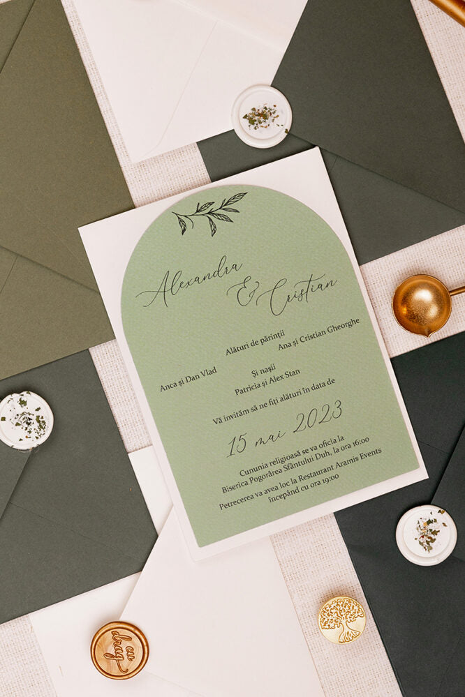 Invitații de nuntă – Arcuita Verde Olive  Invitatii Love Story   