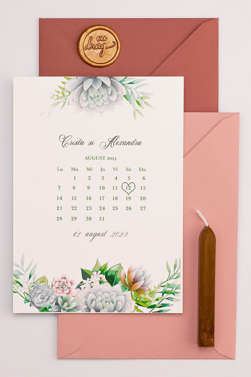 Invitații de nuntă – Calendar cu Suculente Invitatii Love Story