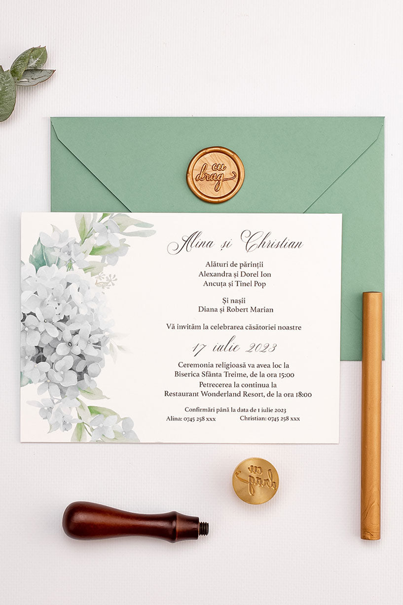Invitații de nuntă – Hortensii Invitatii Love Story
