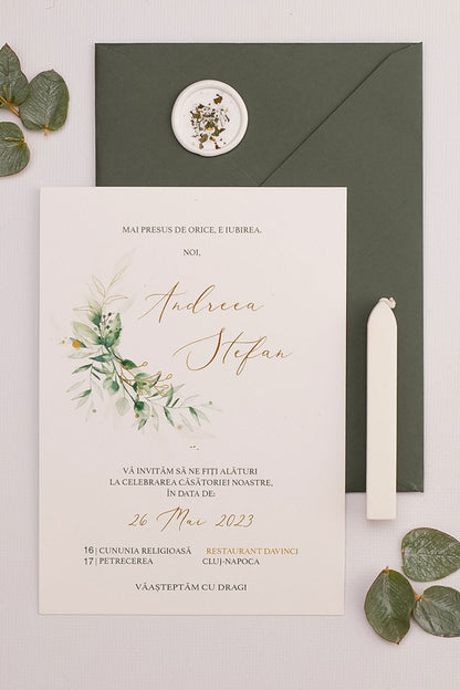 Invitații de nuntă – Frunze Aurii  Invitatii Love Story   