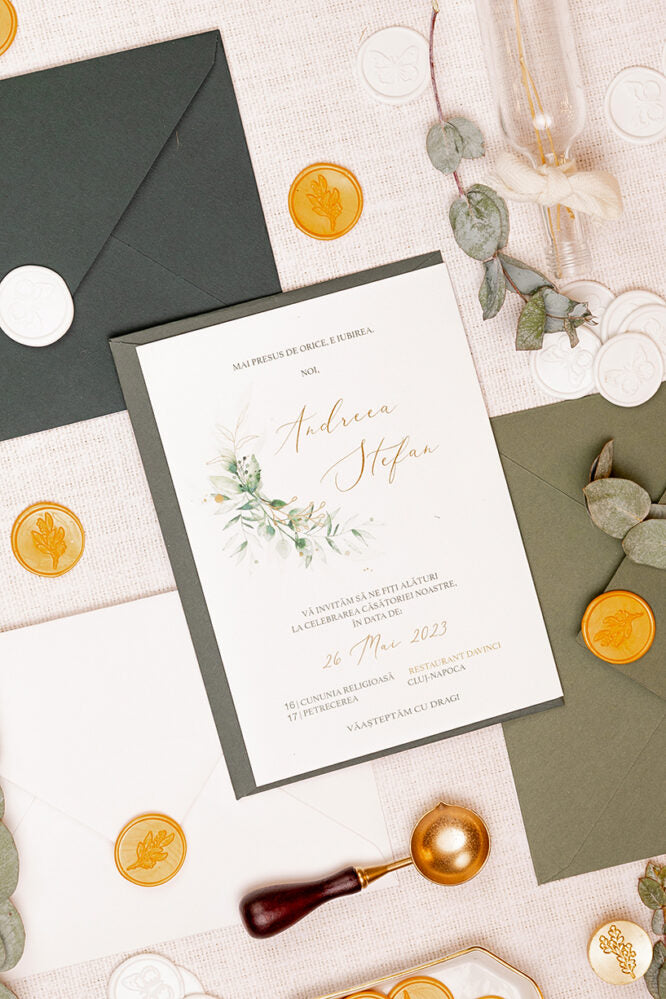 Invitații de nuntă – Frunze Aurii  Invitatii Love Story   