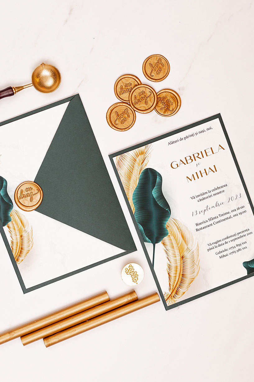 Invitații de nuntă – Frunze Luxury Gold  Invitatii Love Story   