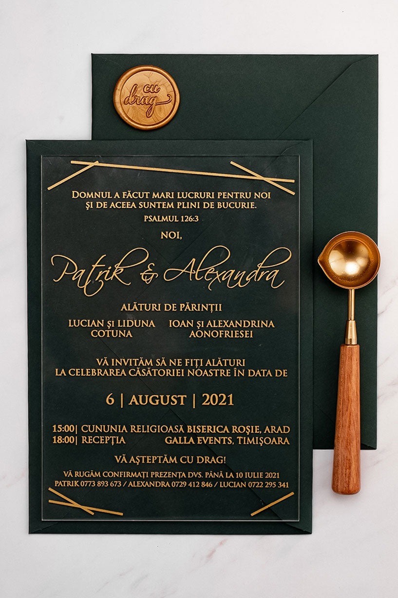 Invitații de nuntă – Gold Plexi Invitatii Love Story