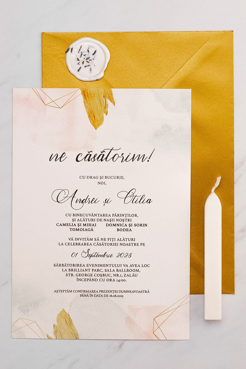 Invitații de nuntă – Gold Watercolor Invitatii Love Story