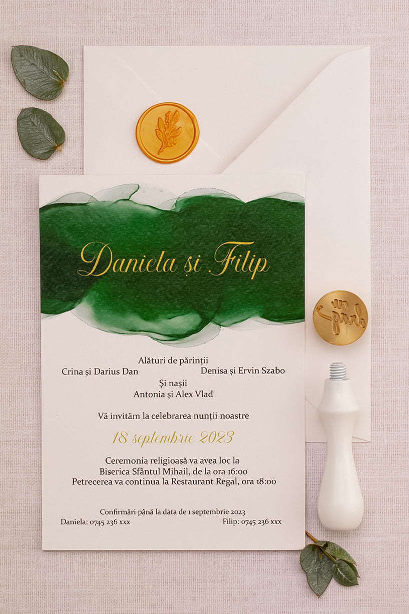 Invitații de nuntă – Green Watercolor Invitatii Love Story